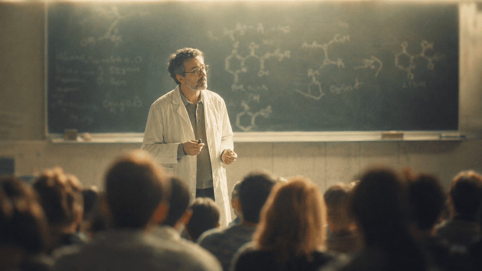 A researcher at a whiteboard covered in equations