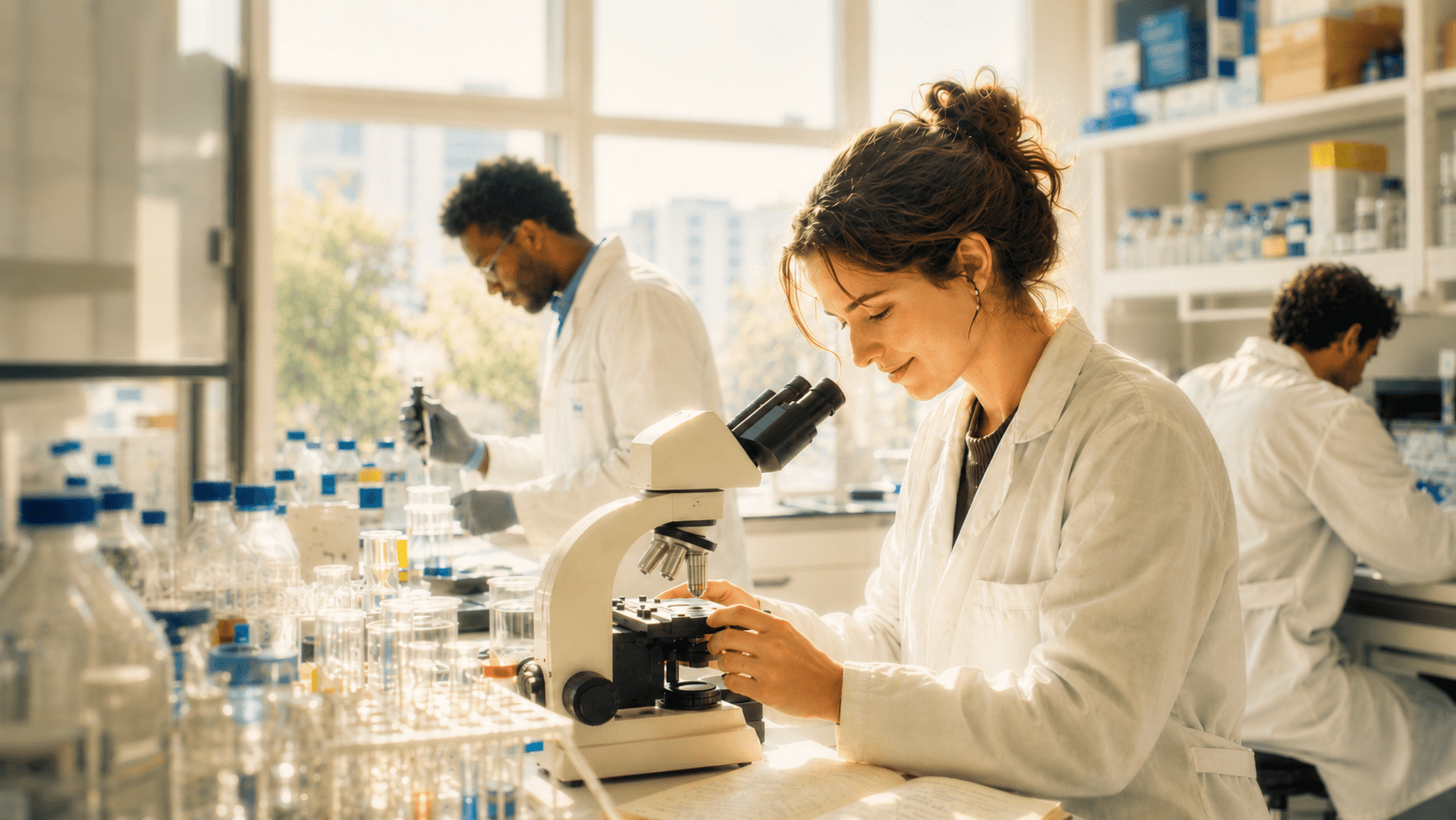 Three scientists working together at a microscope